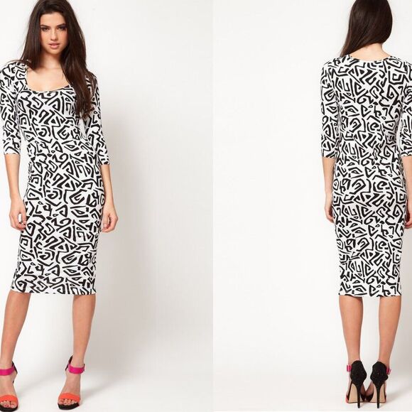 NWT ASOS Bodycon Dress Sexy Black White Geometric Abstract Midi Fitted XS 2 - Picture 1 of 7